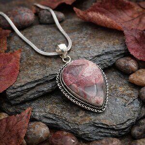 Boho Chic Artisan S925 Crazy Lace Agate Teardrop Pendant 18K Gold Plated Chain